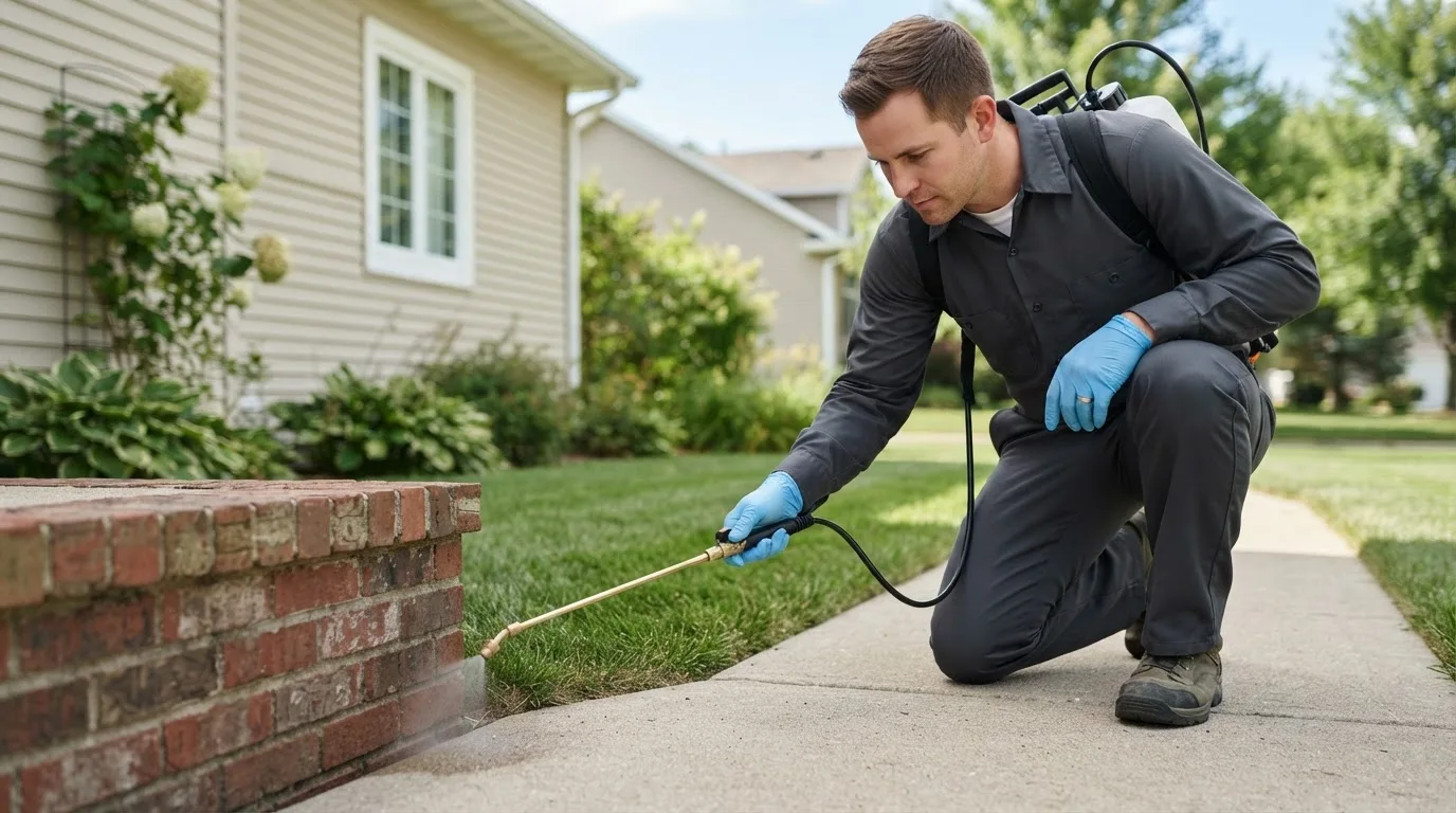 Pest control technician treating a home near Troy, IN
