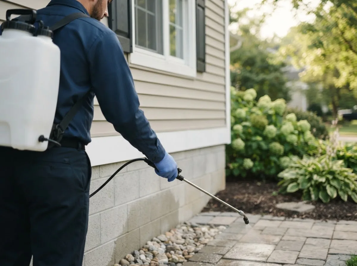 Pest control technician inspecting a home in Troy, IN